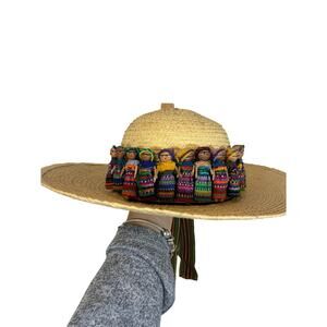 Guatemalan Worry Doll Woven Straw Hat Travel Tourist Coastal Vintage EUC